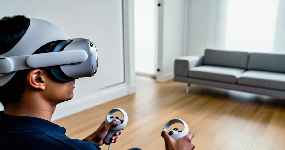 Henkilö käyttää Meta Quest 3 -VR-laseja valoisassa olohuoneessa
