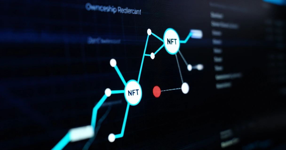 Lohkoketjuverkko visualisoituna, jossa yhteydet solmujen välillä kuvaavat NFT-omistusta