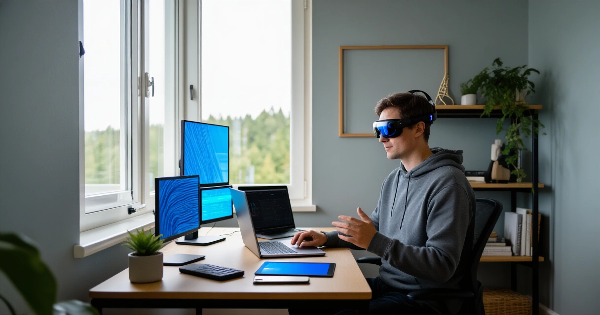 Henkilö käyttää AR-laseja virtuaalisten monitoreina modernissa kotitoimistossa