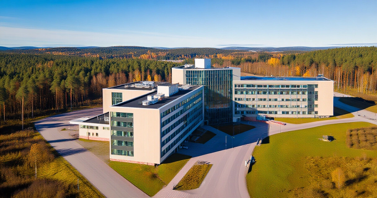 Moderni suomalainen sairaala metsän keskellä syksyllä