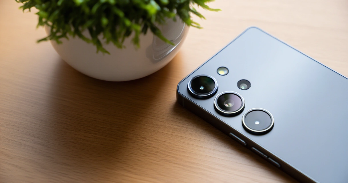 Samsung Galaxy S25 -puhelin puupinnalla kasvien vieressä luonnonvalossa