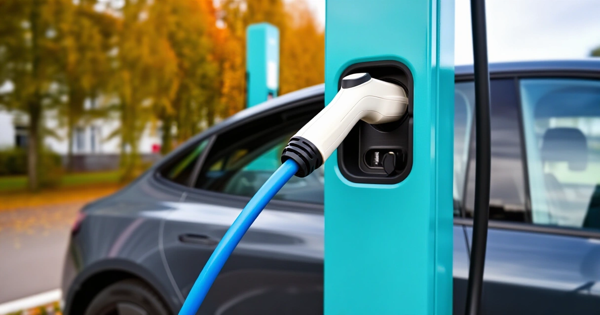 Latauskaapeli kiinnitettynä sähköautoon julkisella latausasemalla Suomessa
