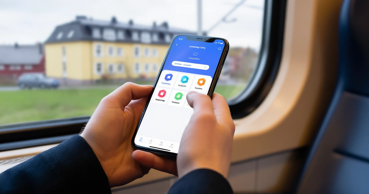 Henkilö opiskelee kieltä sovelluksella junassa työmatkalla