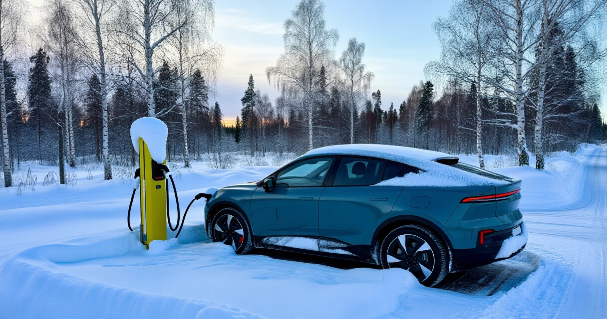 Sähköauto latautumassa lumisessa suomalaisessa talvimaisemassa