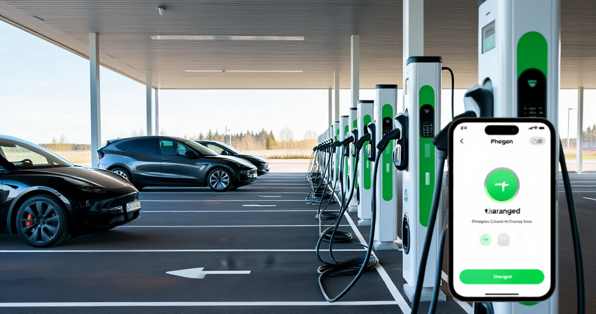 Sähköautojen latauspisteitä parkkihallissa ja lataussovellus puhelimen näytöllä