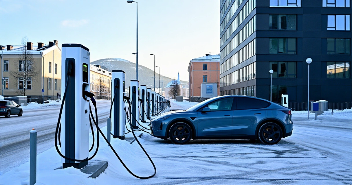 Sähköauto latautuu julkisessa latauspaikassa suomalaisessa kaupungissa talvella