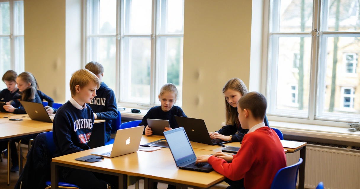 Oppilaat käyttävät kannettavia tietokoneita luokkahuoneessa digitaalisen oppimisen tunnilla