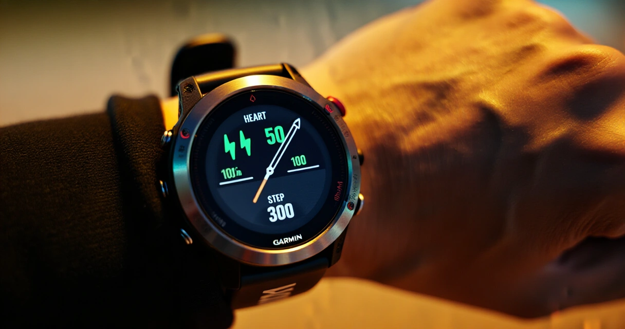 Garmin-älykello ranteessa näyttämässä terveystietoja kuten sykettä ja askelmäärää