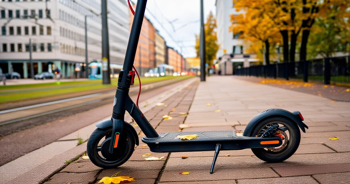Sähköskootteri pysäköitynä Helsingin katunäkymässä syksyllä