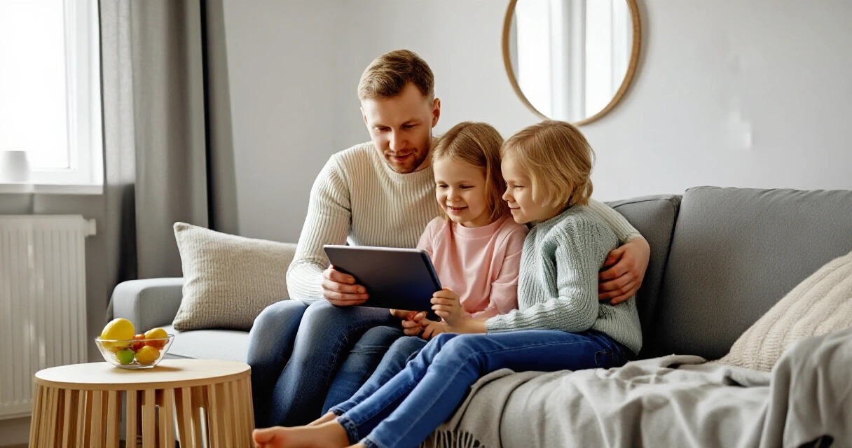 Perhe katsoo yhdessä tablettia kodin olohuoneessa
