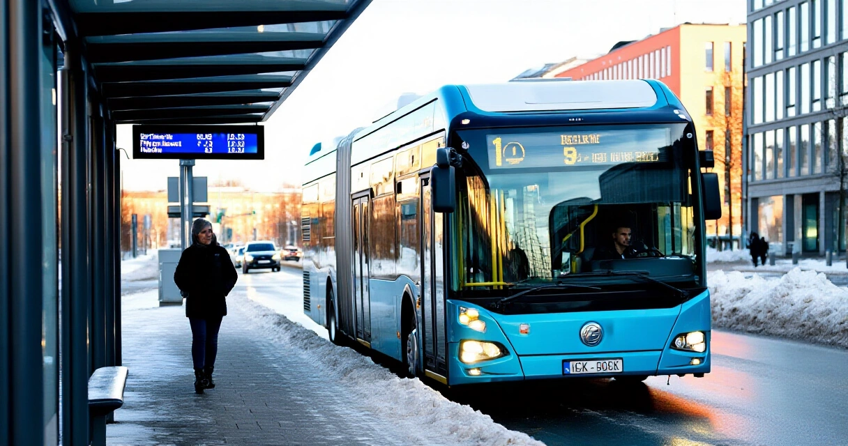 Sähköbussi helsinkiläisellä pysäkillä digitaalisen aikataulunäytön edessä