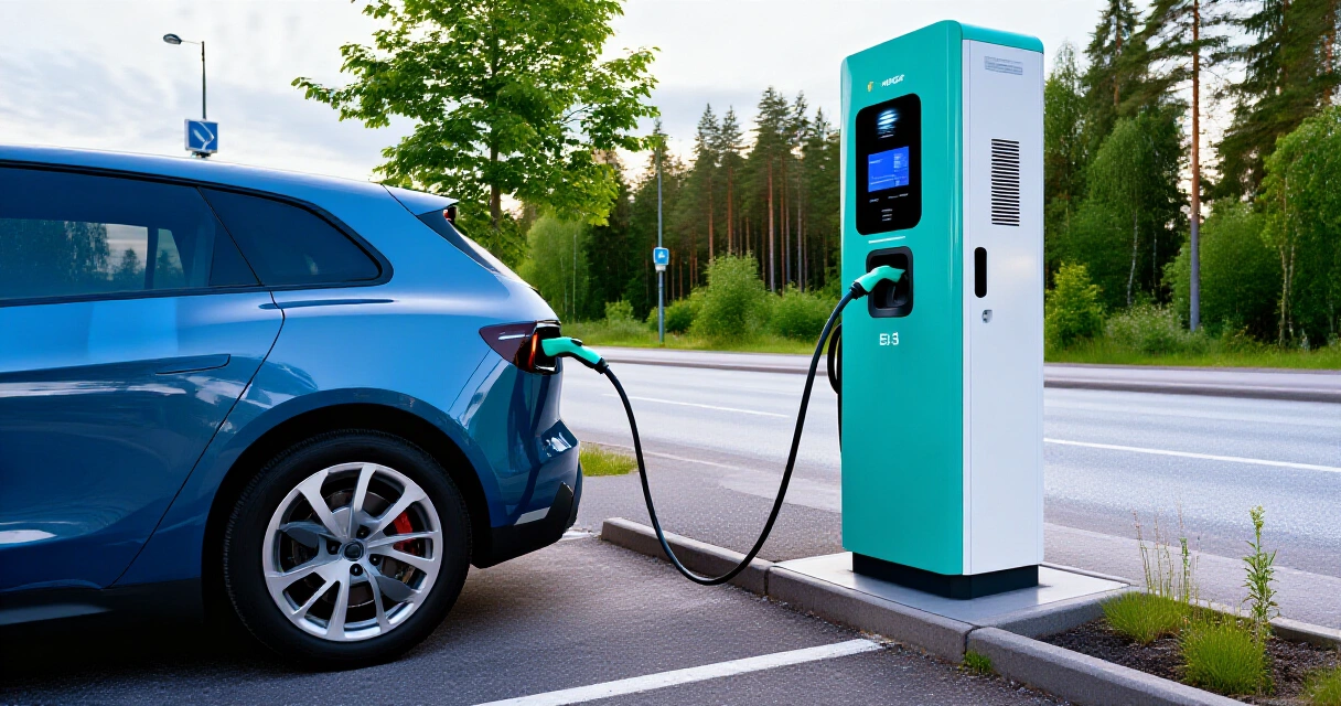 Sähköauto latautumassa julkisella pikalatausasemalla Suomessa