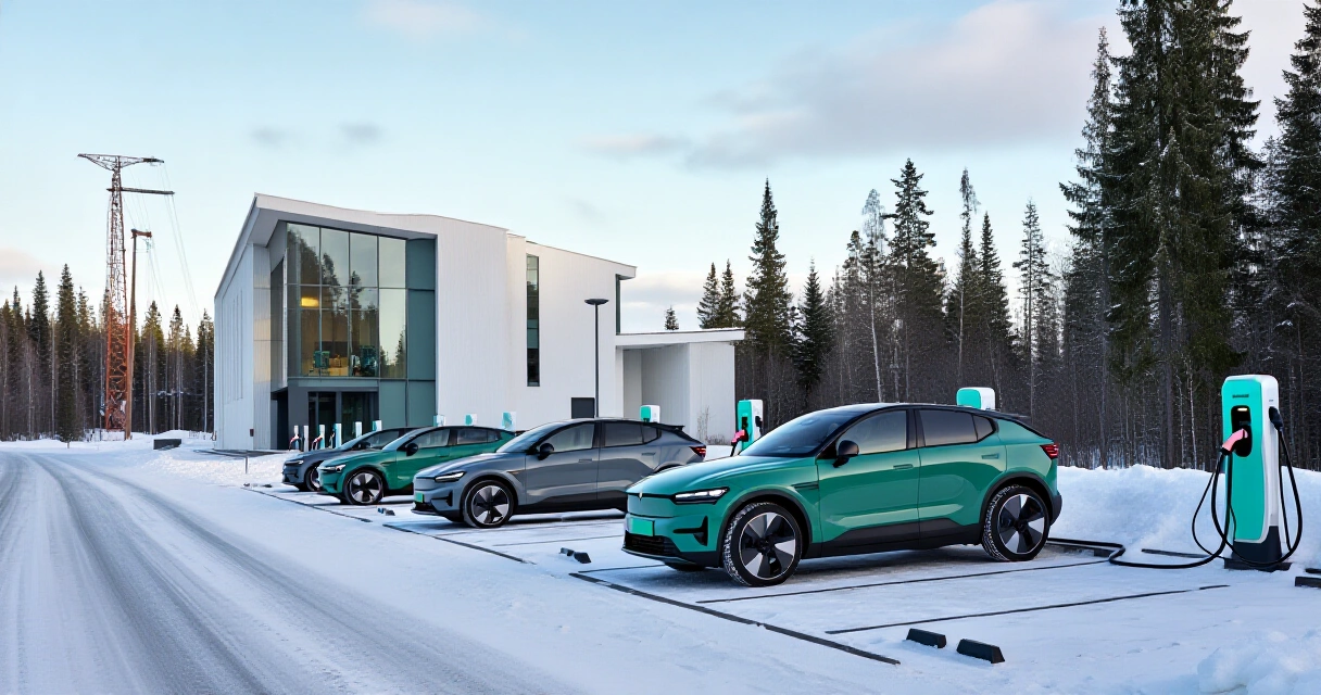 Sähköautoja latausasemalla pohjoismaisessa talvimaisemassa
