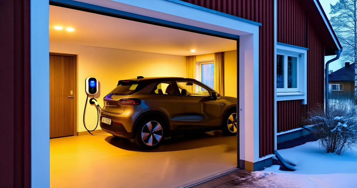 Sähköauto kytkettynä kotilaturiin suomalaisessa autotallissa talvella