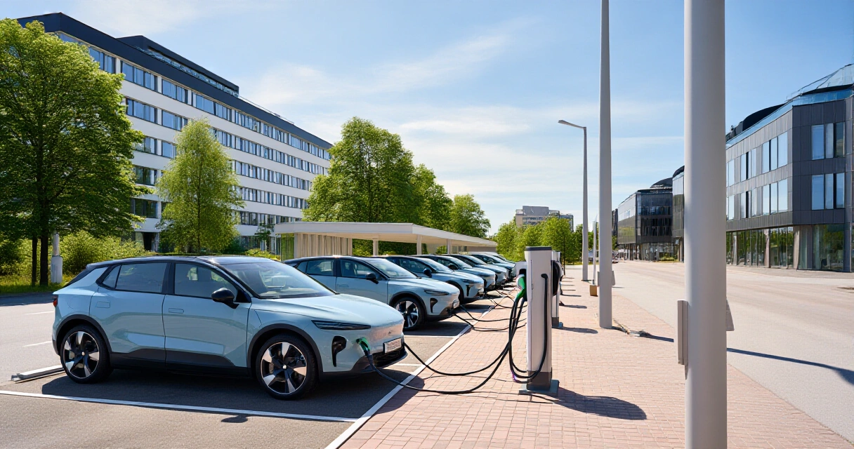 Sähköautoja latautumassa julkisella latausasemalla suomalaisessa kaupungissa