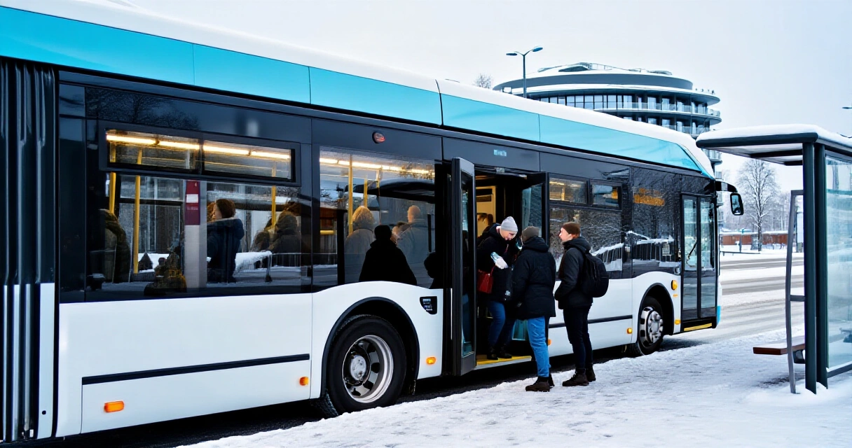 Sähköbussi pysäkillä Helsingissä talvisessa maisemassa